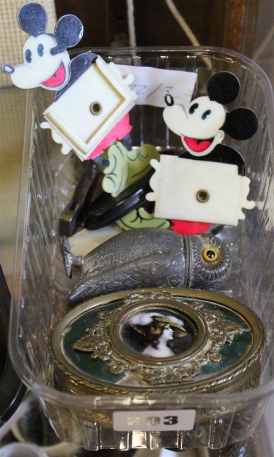 Group of Curios including Mickey Mouse menu holder, whistles etc